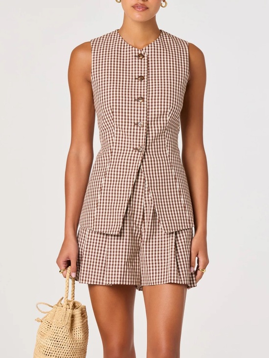 Astr Pants - Astr Brown Gingham Sleeveless Button Vest & Mini Shorts Set